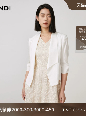 LANDI蓝地桑蚕丝白色艺术驳领抽褶七分袖知性小西装外套女夏新品