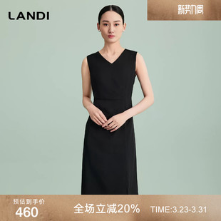 LANDI蓝地轻礼裙高级感V领优雅连衣裙女无袖 收腰捏褶裙夏新品