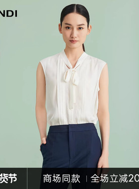 [商场同款]LANDI蓝地白色高级感飘带领无袖衬衫女内搭上衣夏新品