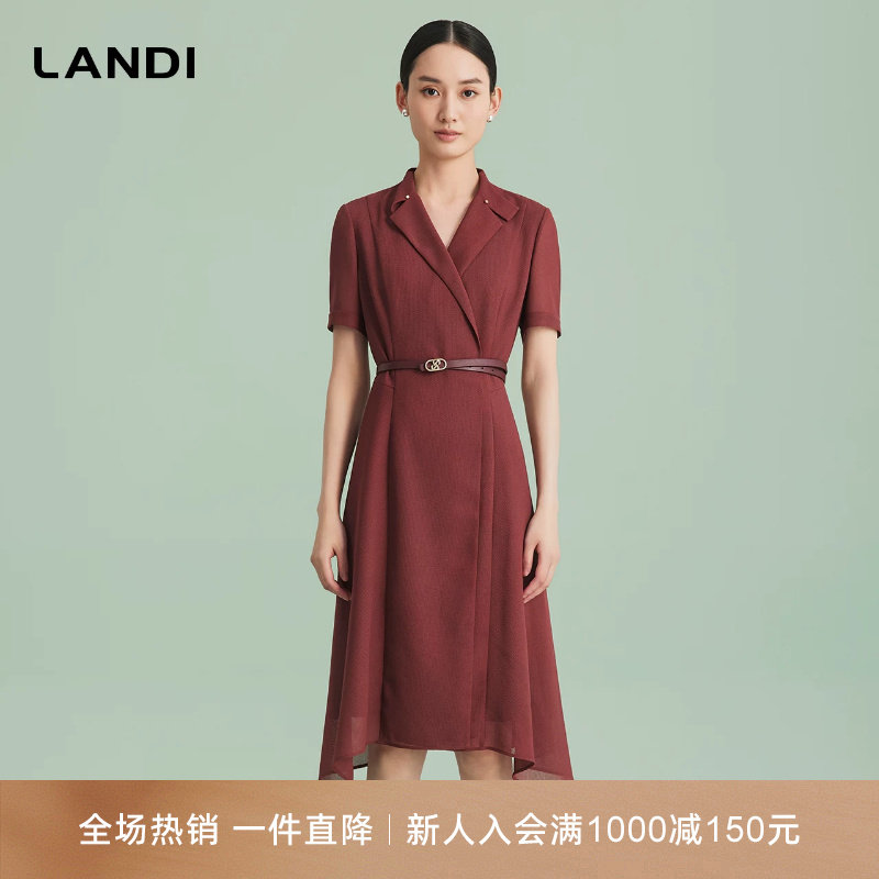 LANDI西装领波尔多红长款连衣裙图片