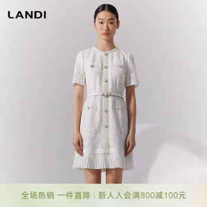 LANDI蓝地白色圆领短袖蕾丝连衣裙女珍珠扣设计感拼接下摆夏新品
