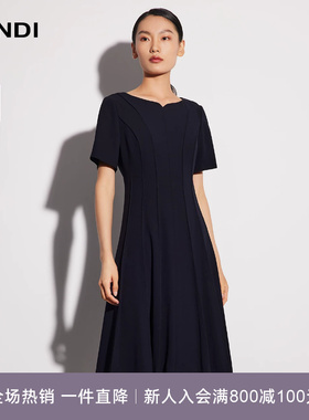 LANDI蓝地藏蓝色醋酸分割式极简风设计感收腰显瘦连衣裙女夏新品