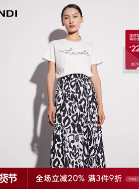 LANDI蓝地白色品牌字母手工钉珠圆领纯棉T恤女百搭短袖上衣夏新品