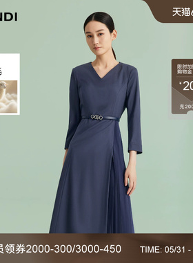 LANDI蓝地藏蓝色法式V领绵羊毛叠褶设计感通勤收腰连衣裙女春新品