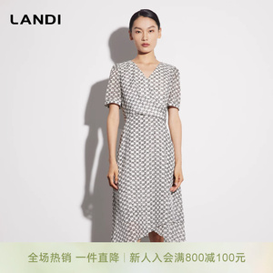 LANDI蓝地法式优雅V领字母印花连衣裙女立体腰部捏褶中长裙夏新品
