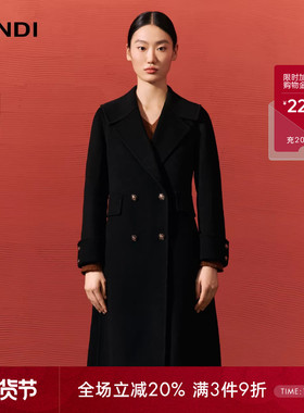 LANDI蓝地黑色优雅气质双排扣微收腰绵羊毛长款毛呢大衣女冬新品