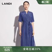 裙子夏新品 连衣裙女短袖 式 LANDI蓝地藏蓝色休闲气质真丝印花衬衫