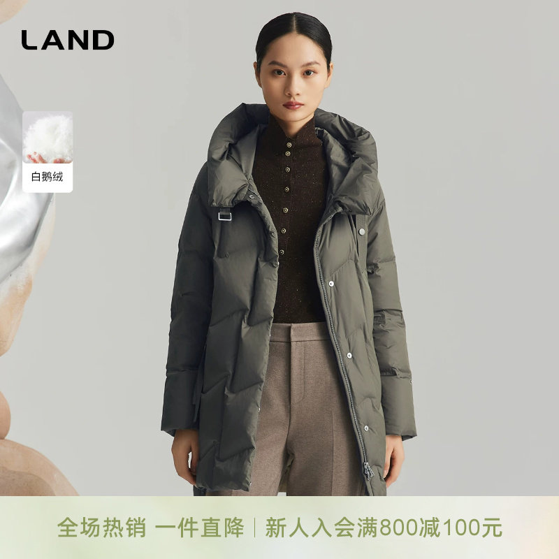 [商场同款]LANDI墨绿色廓形白鹅绒立领连帽羽绒服女中长款冬新品