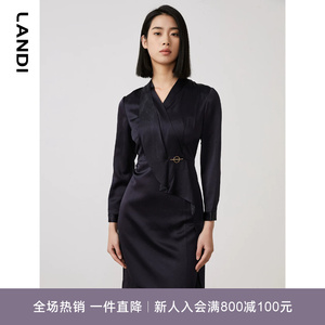 LANDI蓝地藏蓝色醋酸设计感荷叶边V领收腰连衣裙女春季新款短裙