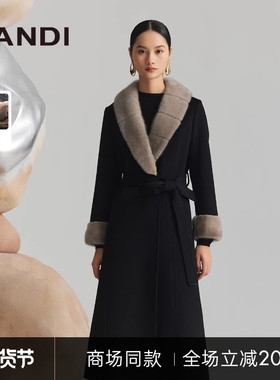 [商场同款]LANDI黑色水貂毛领高级感系带长款绵羊毛大衣女冬新品