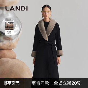 [商场同款]LANDI黑色水貂毛领高级感系带长款绵羊毛大衣女冬新品