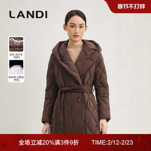 [商场同款]LANDI深咖色设计感连帽毛呢拼接羽绒服女中长款冬新品