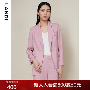 秋新品 LANDI蓝地桃粉色知性气质收腰西服外套女一粒扣中长款 西装