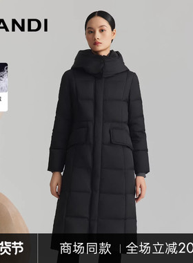 [商场同款]LANDI黑色立领连帽长款白鹅绒羽绒服女高级感冬新品