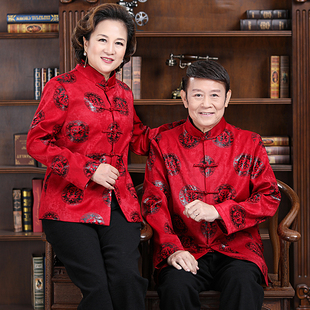 秋冬季中老年情侣唐装男老人生日过寿星金婚红色礼服爷爷奶奶外套
