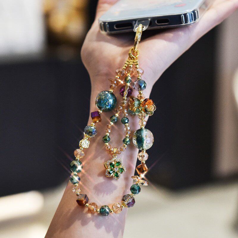 独特高级绝美水晶手机链绿琉璃串珠手机挂绳手腕绳挂链挂饰手提链