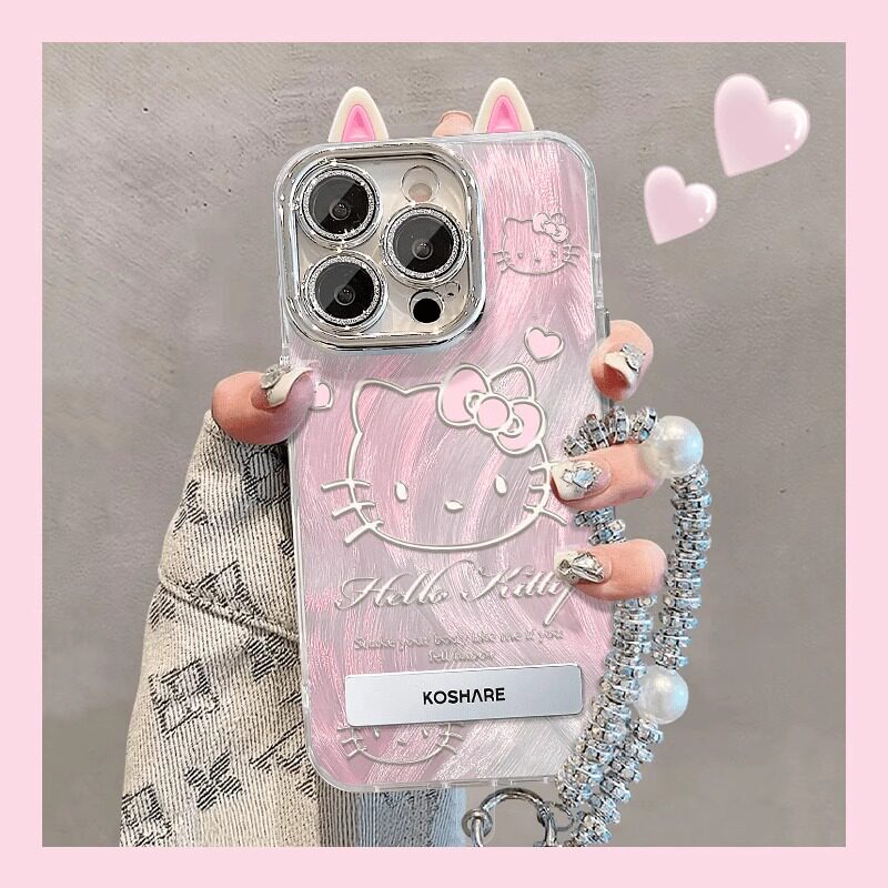 【高品质】可爱手机壳适用苹果16promax粉底15promaxKT猫14pro新款超好看手机壳13pro全包防摔12带支架手链11