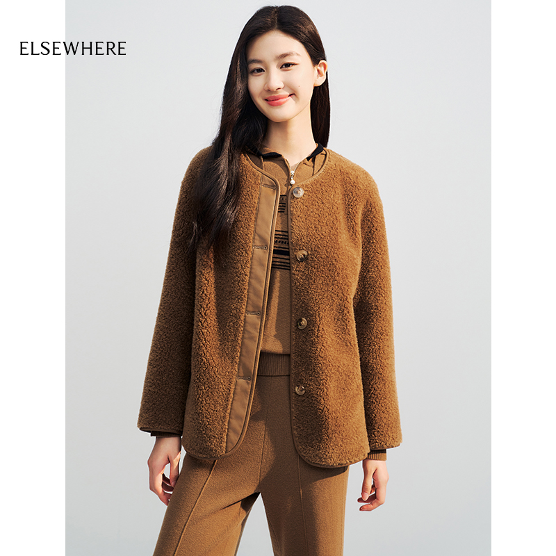 ELSEWHERE珂思【商场同款】绵羊毛短款羊剪绒外套女冬季新款