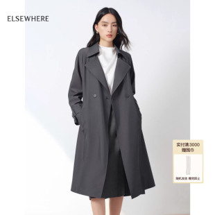 新款 ELSEWHERE珂思商场同款 文艺肌理感驳领长风衣外套女2026春季