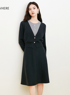 【美丽诺羊毛】ELSEWHERE珂思商场同款假两件针织连衣裙秋新款