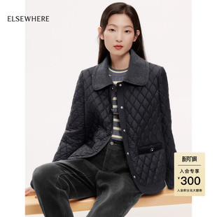 新款 ELSEWHERE珂思 拼接领黑色棉服外套女25秋季 时尚 商场同款