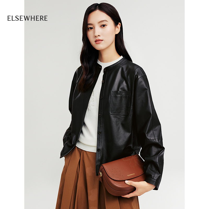 ELSEWHERE珂思时尚短款皮革外套