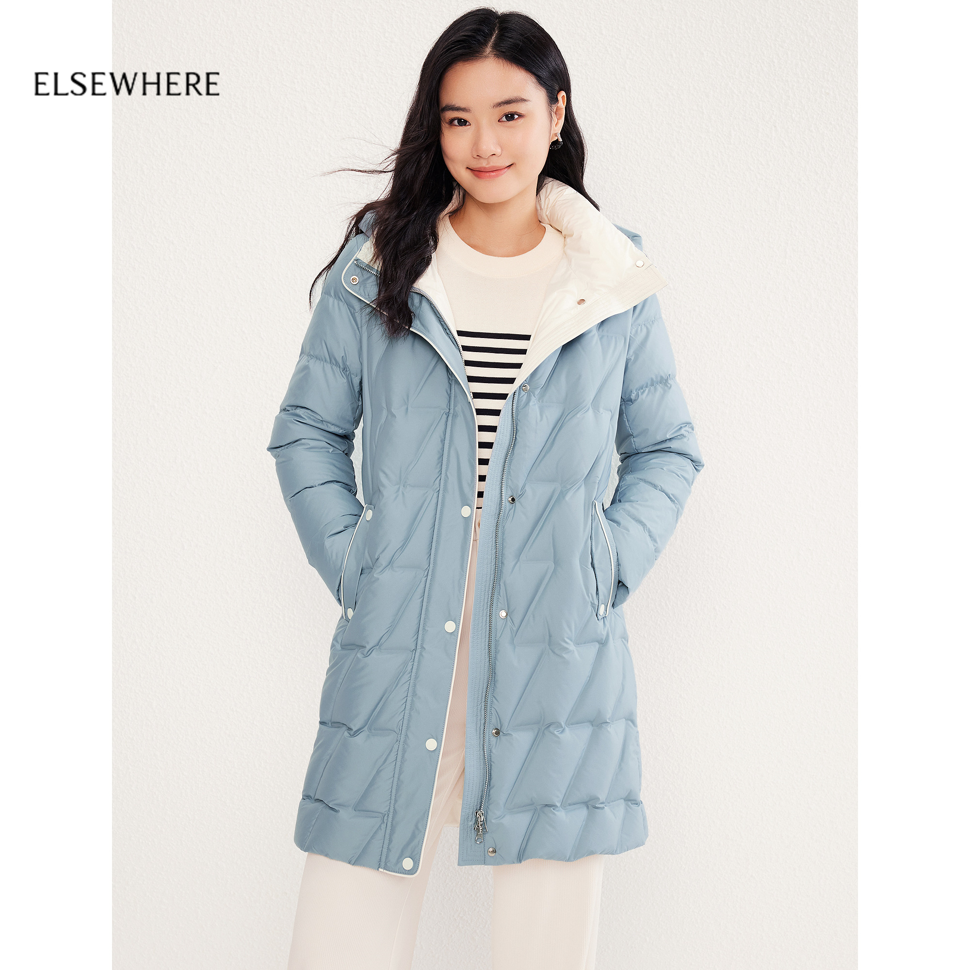 【长白山白鹅绒】ELSEWHERE珂思高蓬松保暖连帽长羽绒服女外套冬