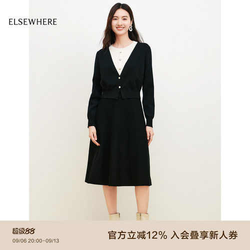 ELSEWHERE珂思时尚圆领拼色针织连衣裙女秋季新款