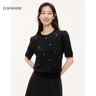 女秋新款 羊毛桑蚕丝 ELSEWHERE珂思商场同款 立体钉珠花针织衫