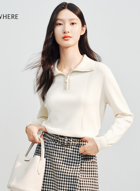 ELSEWHERE珂思【商场同款】时尚Polo领真丝混纺羊毛衫女秋新款