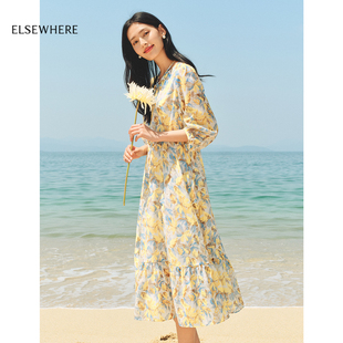 新品 ELSEWHERE珂思文藝雛菊印花連衣裙2025夏季 桑蠶絲高支棉