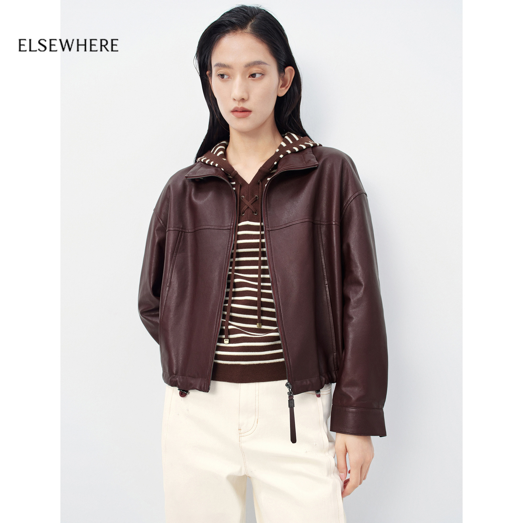 ELSEWHERE珂思商场同款利落绵羊皮短款翻领外套女2026春季新款,女装/女士精品,皮衣,淘宝优惠券,粉丝福利购,淘宝优惠卷