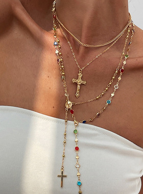 Women's Alloy Tassel Cross Pendant Necklace Collarbone Chain