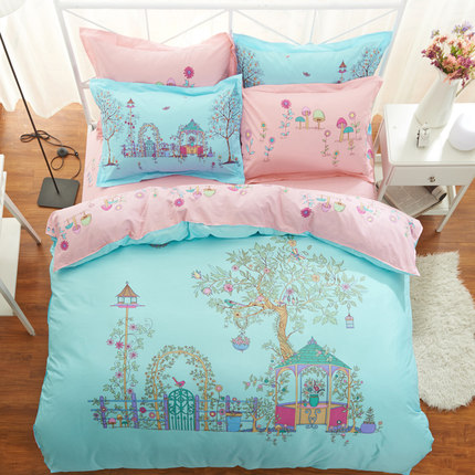七好啄木鸟纯棉四件套卡通公主风全棉1.8m床单被套儿童床上用品