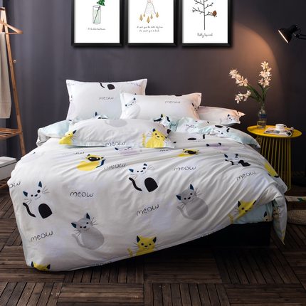 七好啄木鸟简约四件套全棉纯棉被套1.8m床夏季床上用品三件套床单