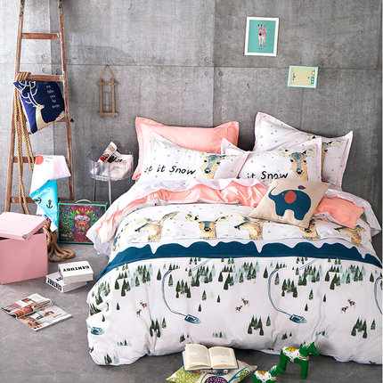 七好啄木鸟纯棉四件套全棉卡通北欧风1.8m床单被套简约床上用品