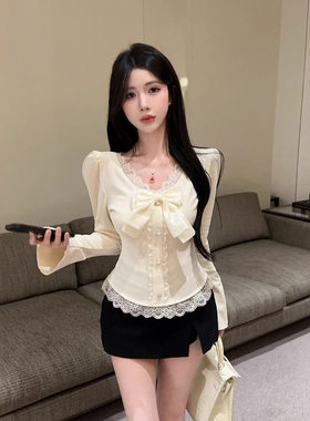 德绒气质V领蕾丝花边长袖T恤女2025秋冬款蝴蝶结喇叭袖设计感上衣