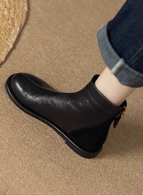 巨舒适黑色法式复古真皮软平底短靴女秋冬加绒英伦风后拉链小踝靴