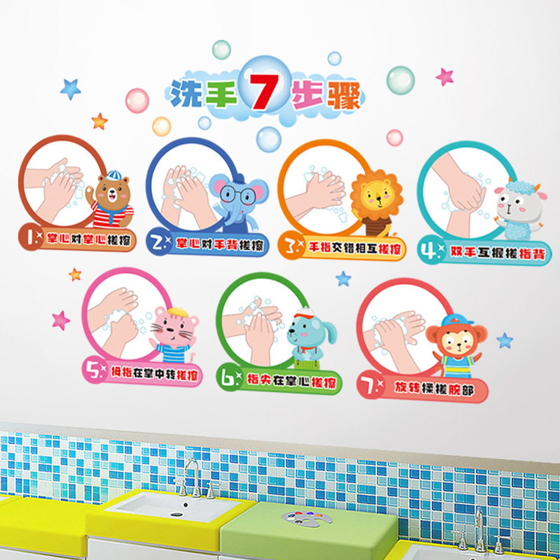 洗手贴纸画防疫步骤宣传流程图平面图片墙贴环境幼儿园七步法布置