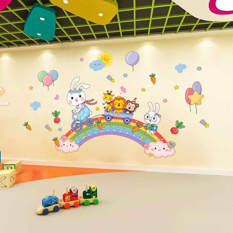幼儿园环创贴画贴画楼梯走廊彩虹单车美化兔子装饰教室墙壁贴纸墙
