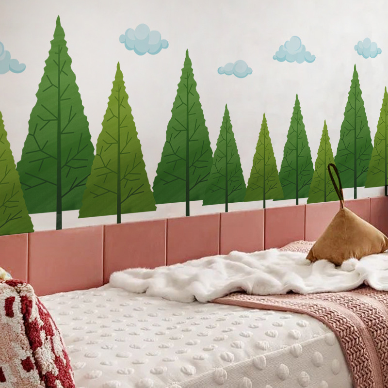 床头创意背景踢脚线贴画卧室绿树森林装饰自粘教室白云个性幼儿园图片