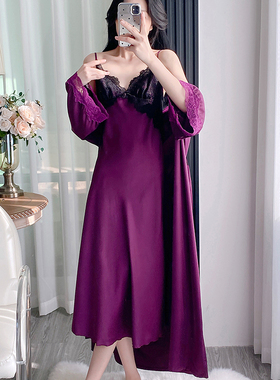 紫色韵味加长款晨袍法式长裙睡衣女美背性感V领吊带睡裙高级冰丝