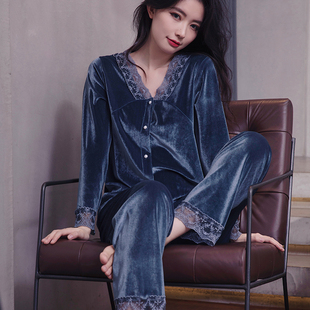 2025年新款金丝绒套装睡衣春秋款女薄款V领长袖大码家居服抗静电