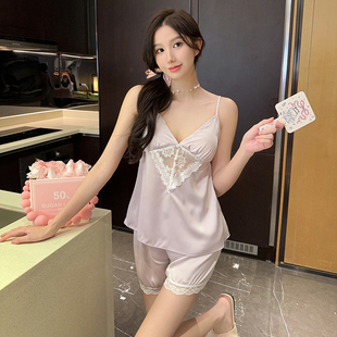吊带短裤睡衣女款2025新款夏季带胸垫家居服少女甜美背心套装冰丝
