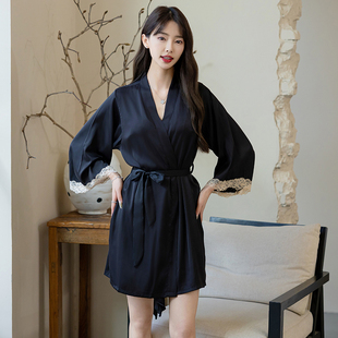 睡袍女2025新款大码宽松浴袍薄冰丝伴娘晨袍高级蕾丝外披四季通用