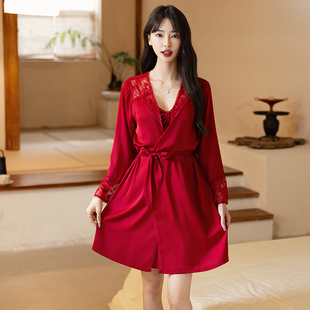红色新娘晨袍伴娘冰丝绸高档睡袍四季通用蕾丝2025新款浴袍外披薄