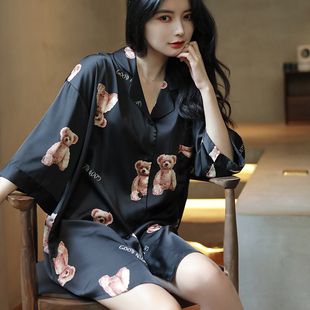 春秋七分袖冰丝绸睡衣女士性感翻领家居服连衣裙男友风衬衫睡衣
