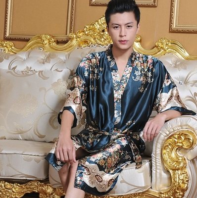 夏季男丝短袖浴袍特大码睡衣冰丝绸春秋男士长款印花丝质睡袍薄款