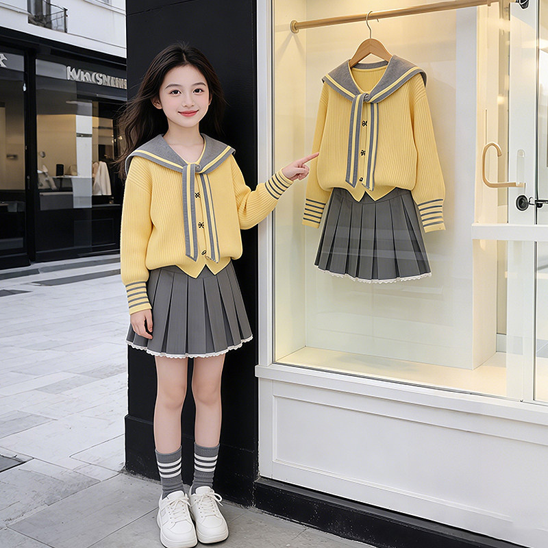 JK制服女童秋装2026新款时髦洋气儿童学院风女孩开衫百褶裙套装图片