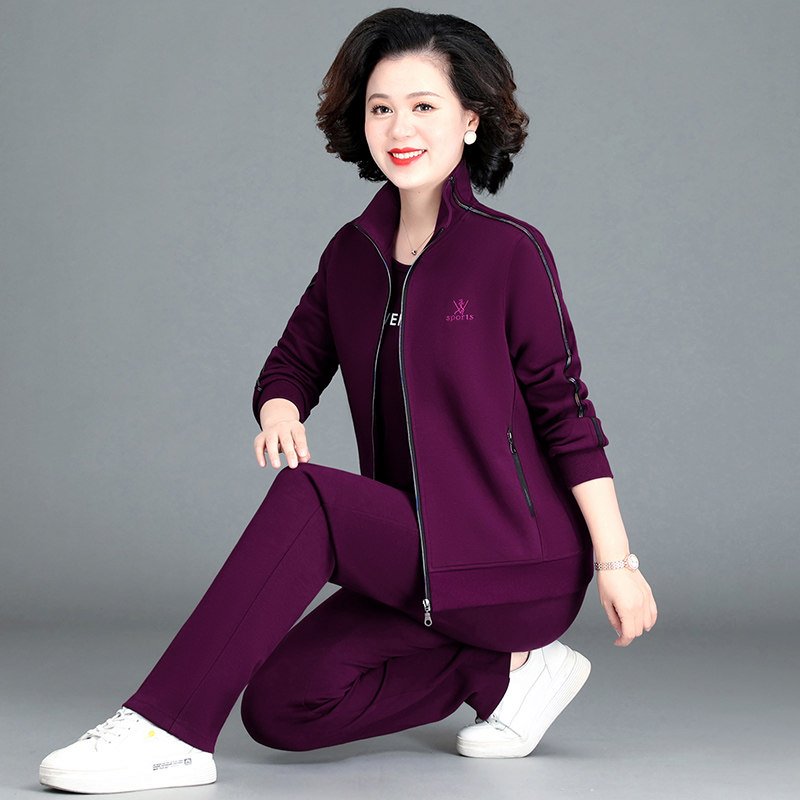 中年妈妈运动服套装秋装女春秋纯棉洋气高档休闲外套中老年三件套